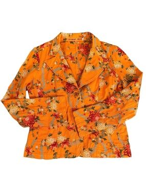 Johnny Was Embroidered Floral Blazer Jacket Orange Boho Chic Artsy Medium M